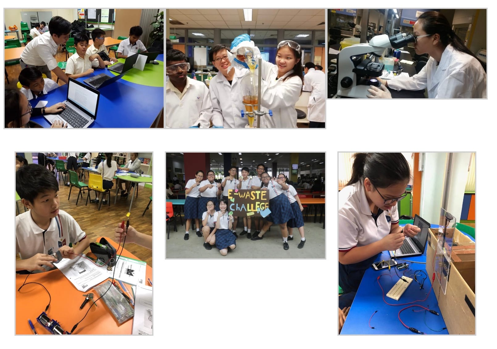 Six photos of school students doing science activities: lab experiments, microscope work, electronics, and an E-Waste Challenge group photo.